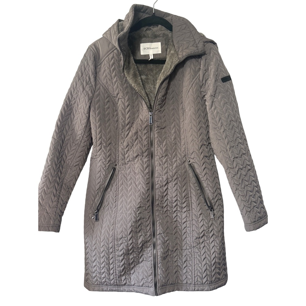 BCBGeneration Women Grey Chevron Quilted Faux Fur Lined Hooded Parka Coat M
